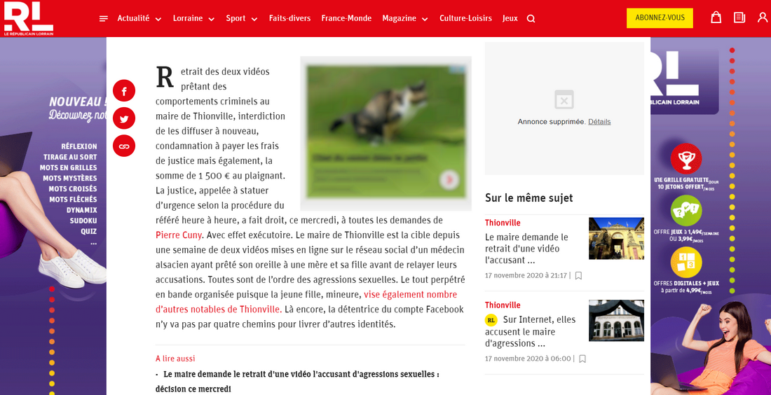 Capture d'écran site presse Républicain Lorrain- affaire maire thionville Presse Républicain Lorrain relate affaire d'accusation maire de thionville